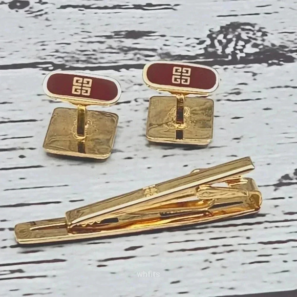 Givenchy Burgundy and Gold Tone Cufflinks and Tie Bar Set - Picture 2 of 3